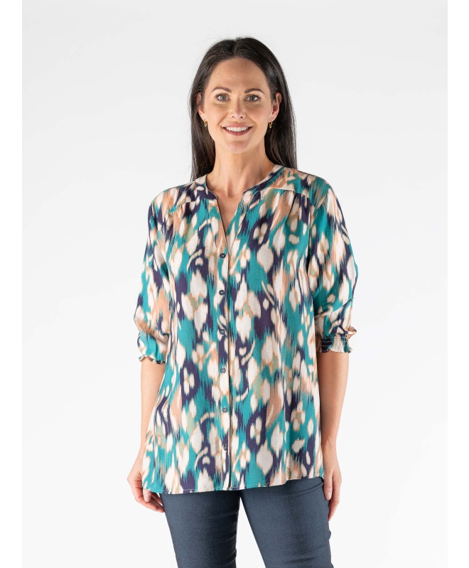 GREEN ABSTRACT PRINT BLOUSE WITH 3/4 SLEEEVE