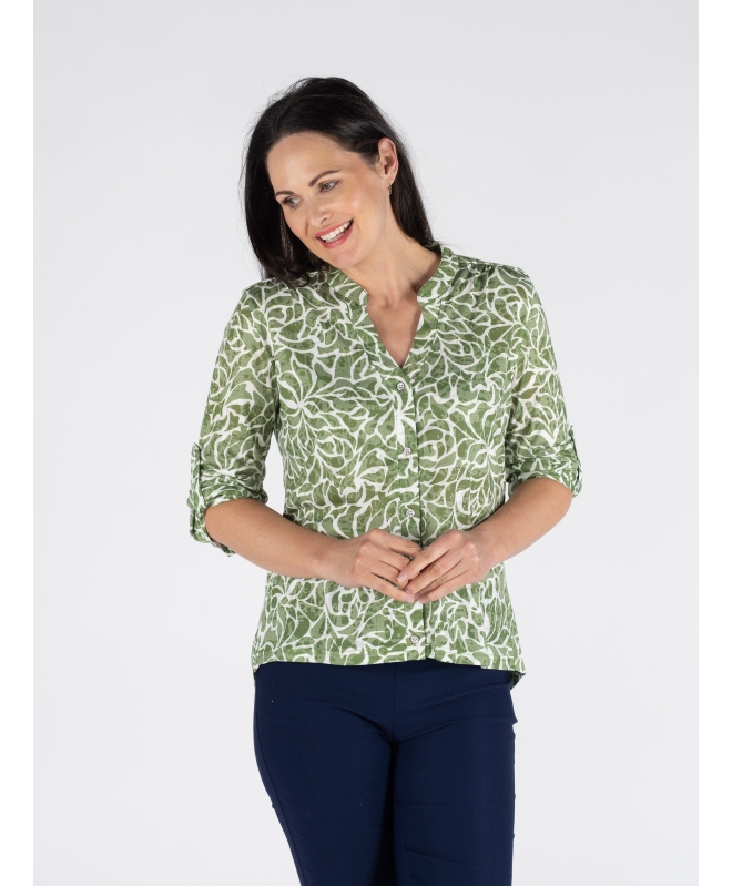 SWIRL LEAF PRINT BURNOUT BLOUSE 3/4 SLEEVE