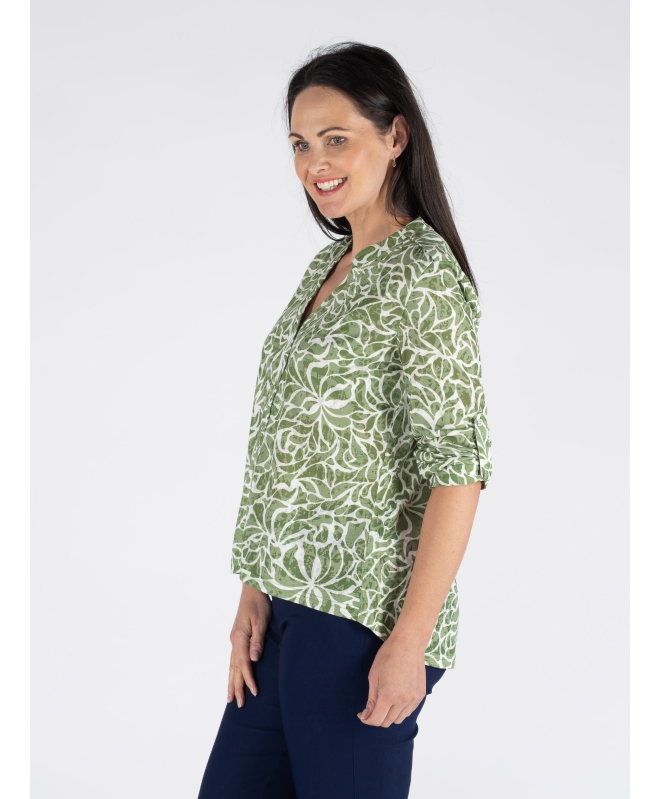 SWIRL LEAF PRINT BURNOUT BLOUSE 3/4 SLEEVE