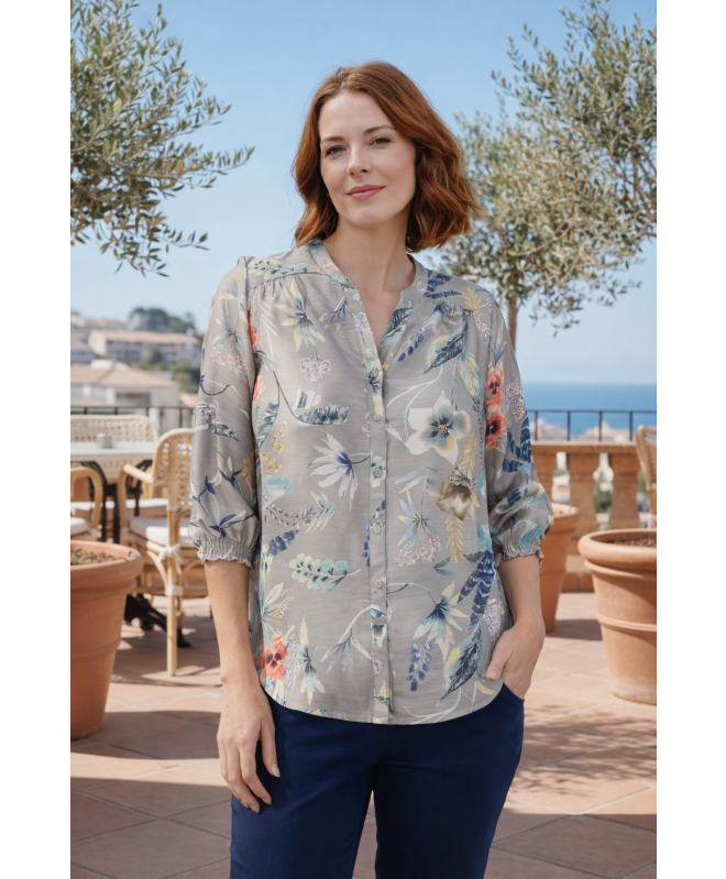 FLOWER PRINT BLOUSE 3/4 SLEEVE ELAC CUFF