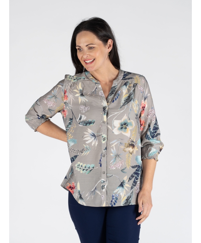 FLOWER PRINT BLOUSE 3/4 SLEEVE ELAC CUFF