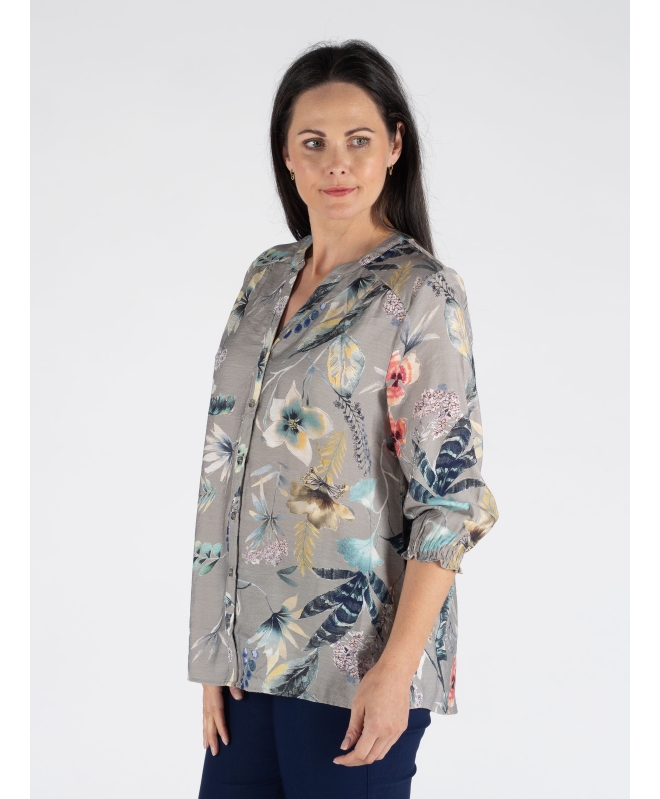 FLOWER PRINT BLOUSE 3/4 SLEEVE ELAC CUFF