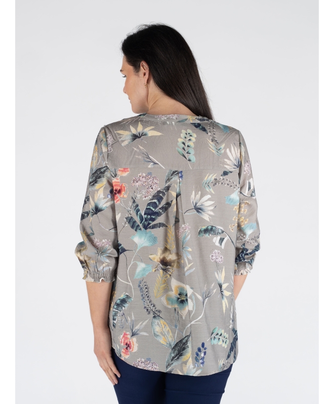 FLOWER PRINT BLOUSE 3/4 SLEEVE ELAC CUFF