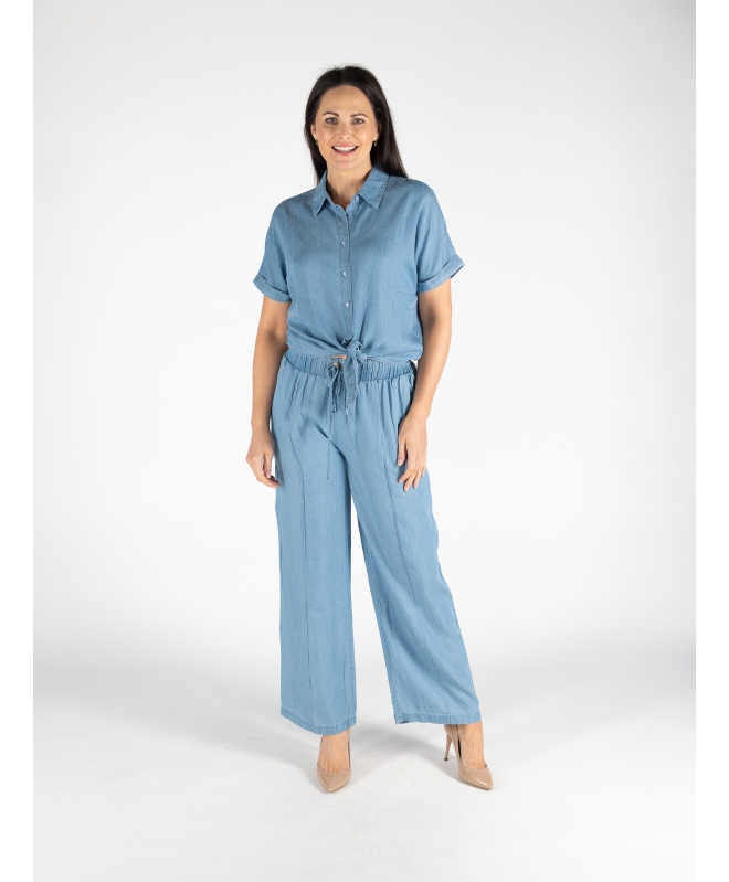 BLUE LYOCELL DENIM TROUSER ELASTIC WAIST - MID BLUE