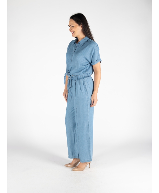 BLUE LYOCELL DENIM BLOUSE TIE FRONT SHRT - MID BLUE