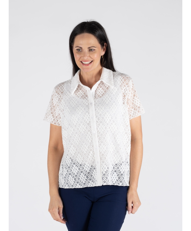 CRISS CROSS LACE BLOUSE COLLAR SHORT SLEEVE