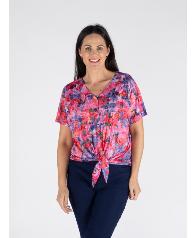 FLOWER PRINT TIE FRONT BLOUSE WITH SHORT SLEEVE