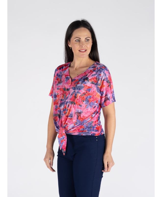 FLOWER PRINT TIE FRONT BLOUSE WITH SHORT SLEEVE