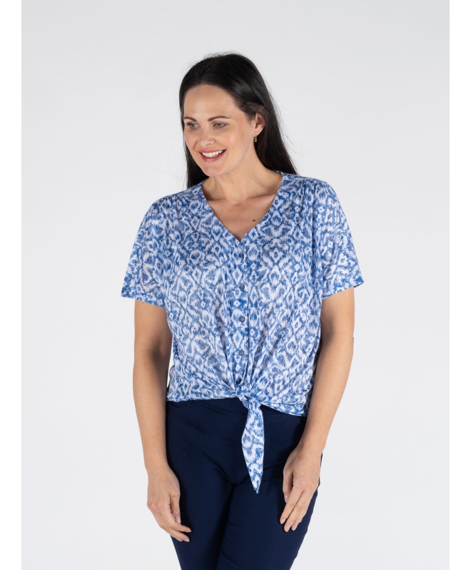 BLUE PRINT TIE FRONT BLOUSE WITH SHORT SLEEVE