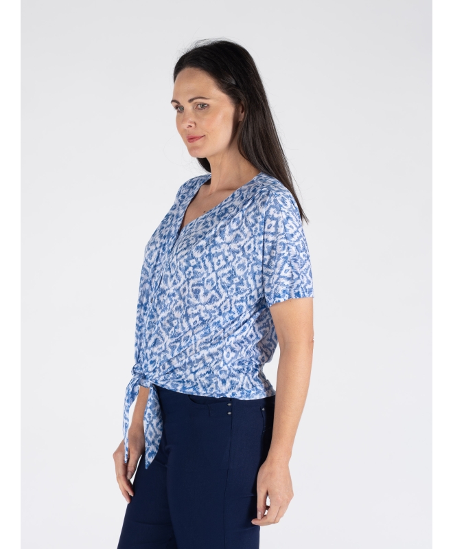 BLUE PRINT TIE FRONT BLOUSE WITH SHORT SLEEVE