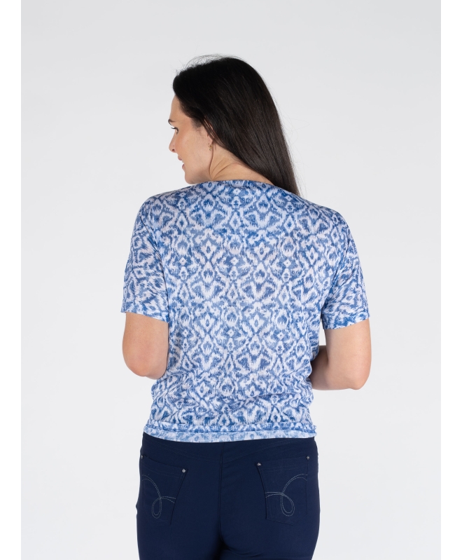 BLUE PRINT TIE FRONT BLOUSE WITH SHORT SLEEVE