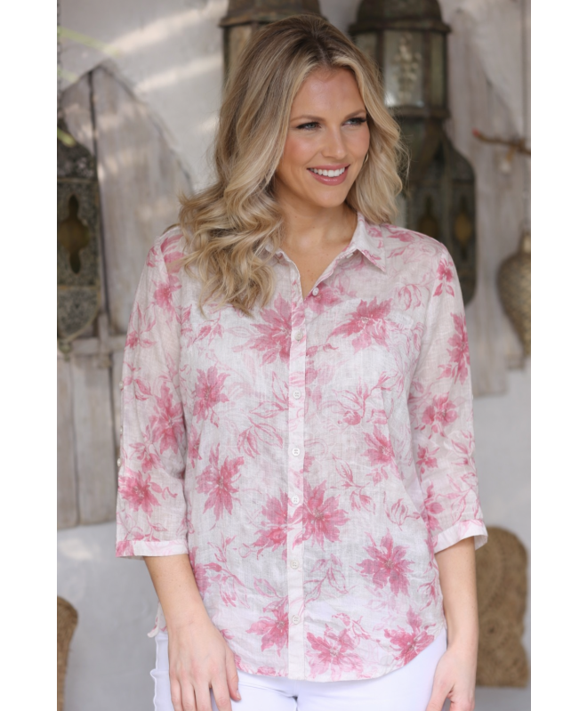 PINK FLORAL PRINT LONGLINE BLOUSE 3/4 SLEEVE