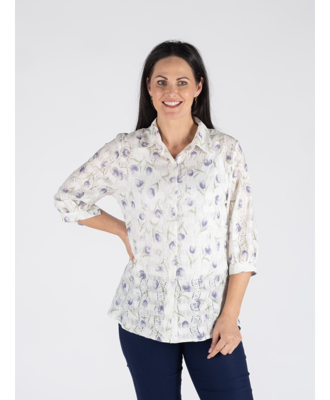 WHITE LILAC PRINTED SCHIFFLY BLOUSE 3/4 SLEEVE