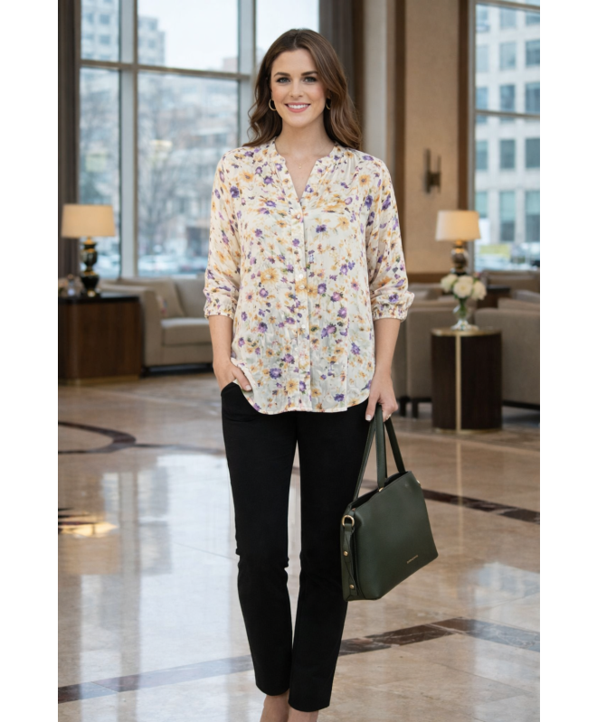 IVORY MULTI BLOUSE WITH ELASTICATED CUFF WITH 3/4 SLEEVE