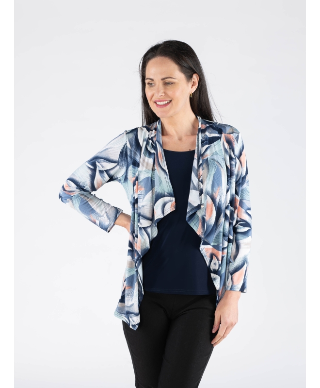 MULTI PRINT WATERFALL MOCK CARDIGAN WITH 3/4 SLEEVE