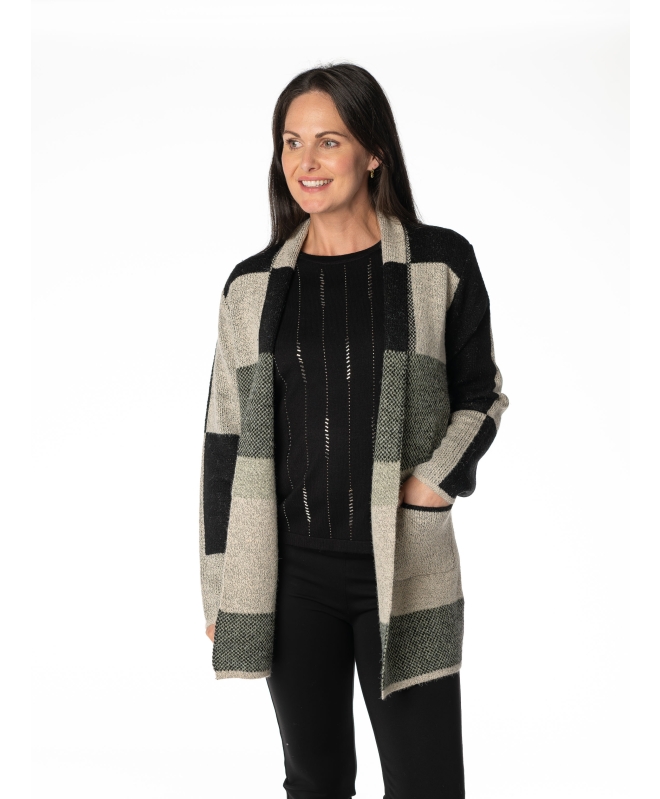 KHAKI BLOCK PATTERN LONG SLEEVE CARDIGAN