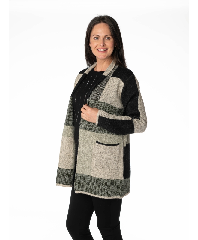 KHAKI BLOCK PATTERN LONG SLEEVE CARDIGAN