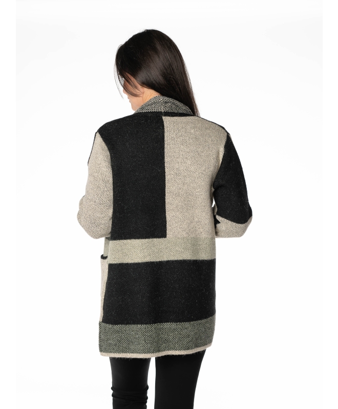 KHAKI BLOCK PATTERN LONG SLEEVE CARDIGAN