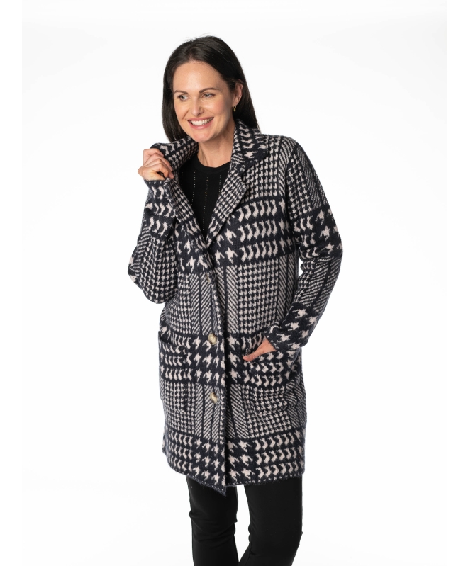 NAVY CHECK PATTERN CARDIGAN LONG SLEEVE