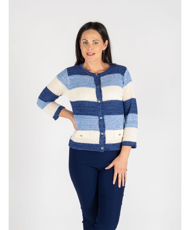 BLUE MULTI STRIPE CARDI POCKET DETAIL 3/4