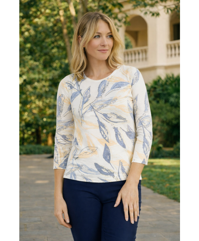 LEAF PRINT JUMPER ROUND NECK 3/4 SLEEVE