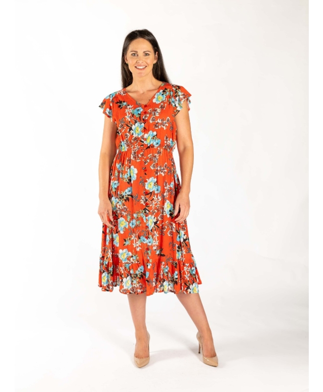 Orange Multi Loral Button Front Dress V Neck With Cap Sleeve