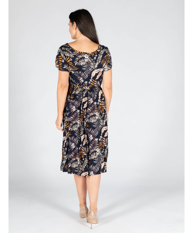 Leaf print round neck dress with keyhole cap sleeve