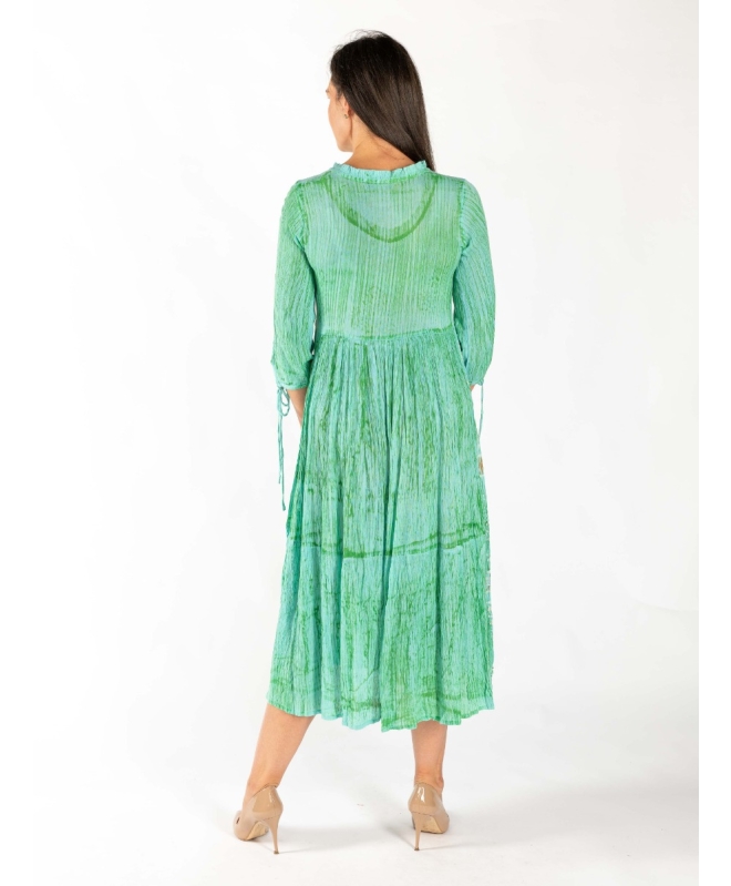 Turq Lime Print Tie Dye Round Neck Dress 3/4 Sleeve With Ties