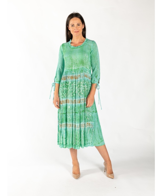 Turq Lime Print Tie Dye Round Neck Dress 3/4 Sleeve With Ties