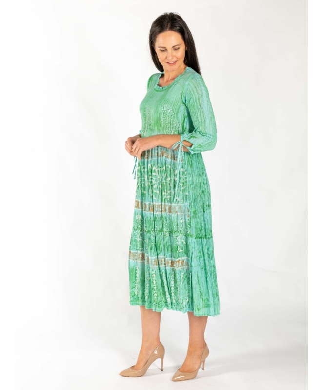 Turq Lime Print Tie Dye Round Neck Dress 3/4 Sleeve With Ties