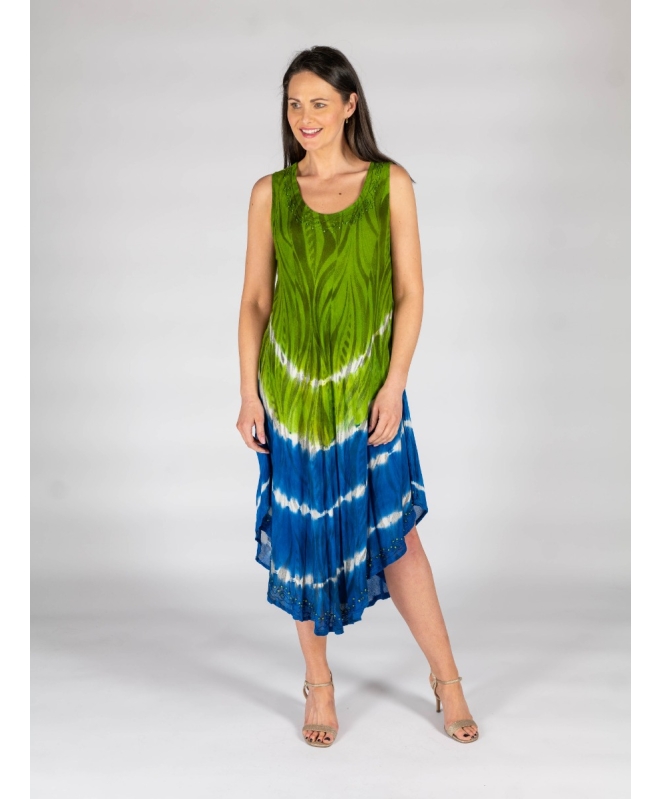 Lime Blue Tie dye print sleeveless round neck umbrella dress 46 Inch