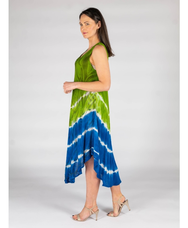 Lime Blue Tie dye print sleeveless round neck umbrella dress 46 Inch