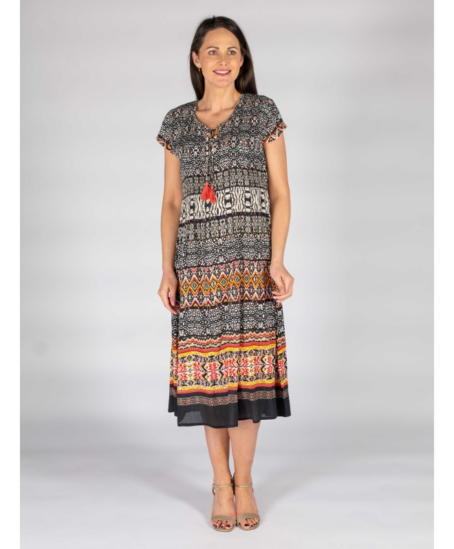 CAP SLEEVE DRESS WITH PRINTED BORDER