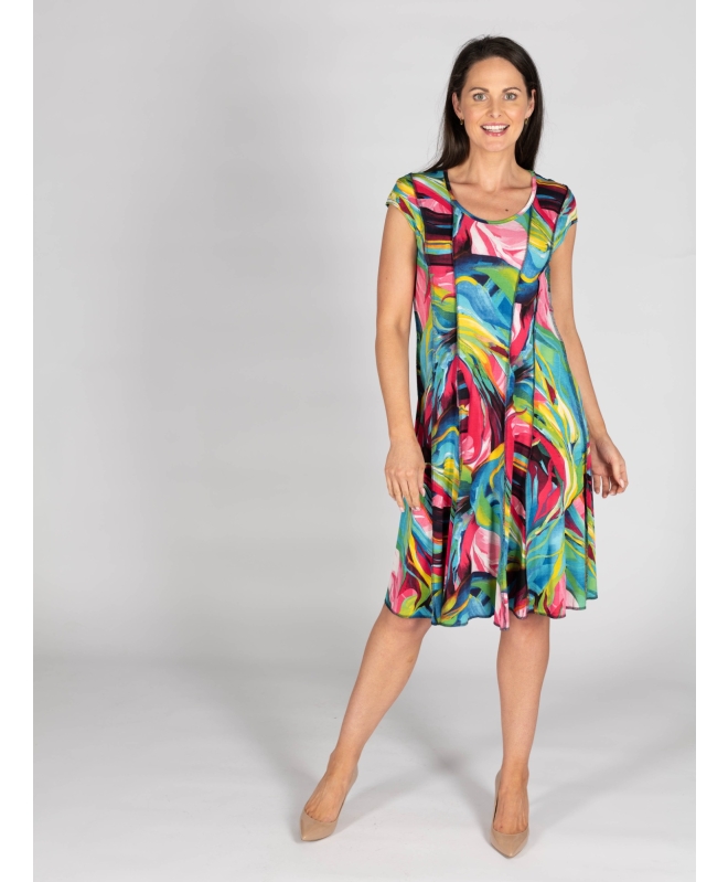 GREEN MULTI ABSTRACT PRINT CAP SLEEVE