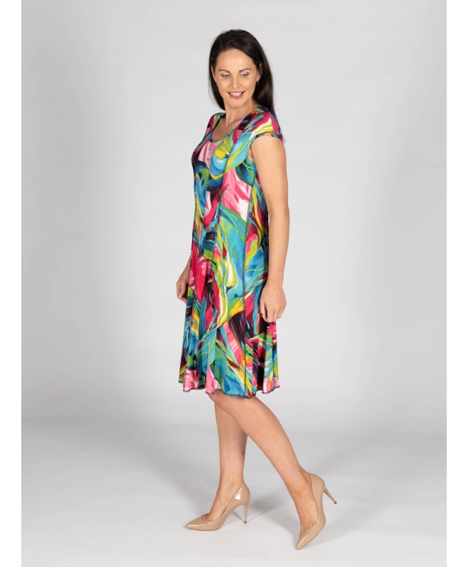 GREEN MULTI ABSTRACT PRINT CAP SLEEVE