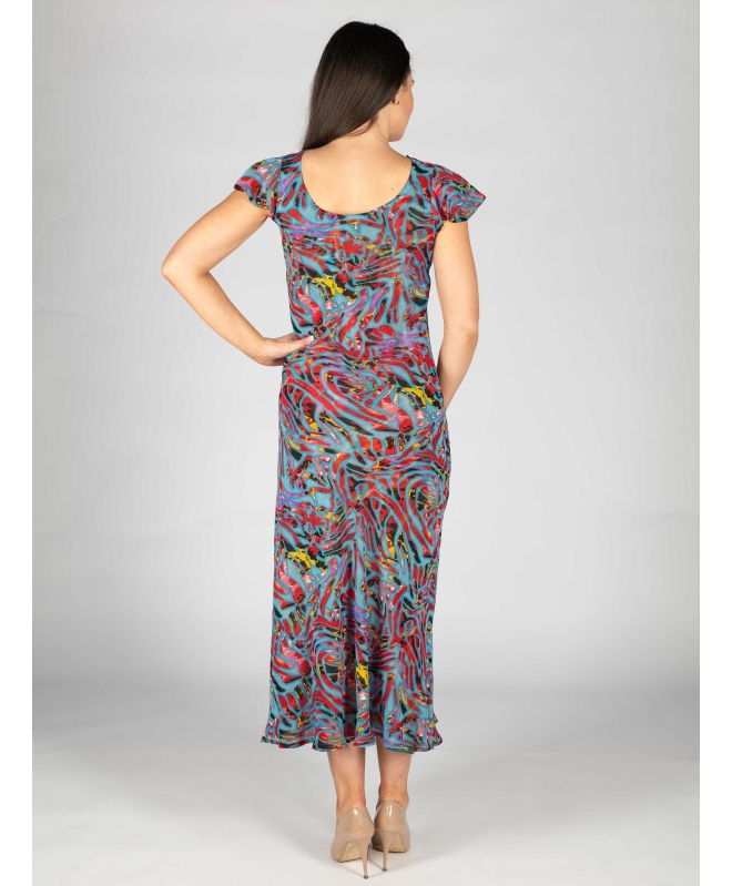 RED PRINT CAP SLEEVE 52 INCH LONG