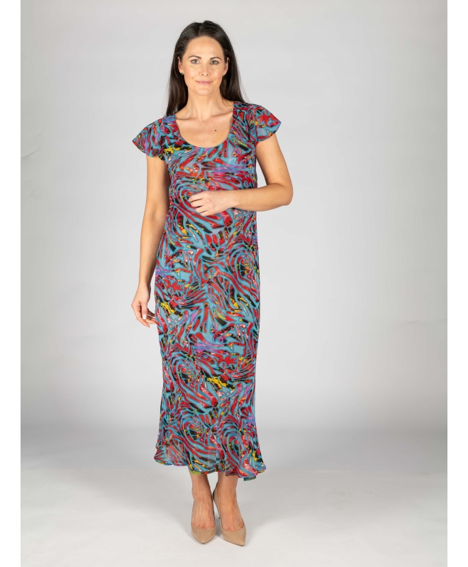 RED PRINT CAP SLEEVE 52 INCH LONG