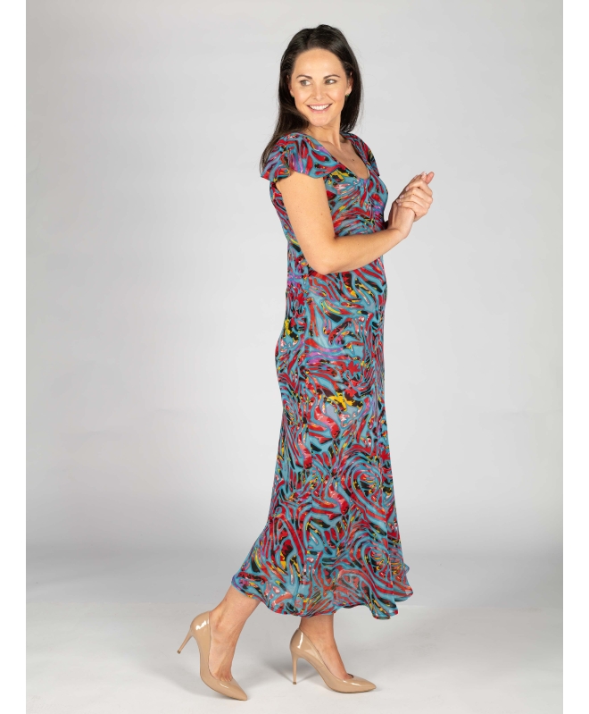 RED PRINT CAP SLEEVE 52 INCH LONG