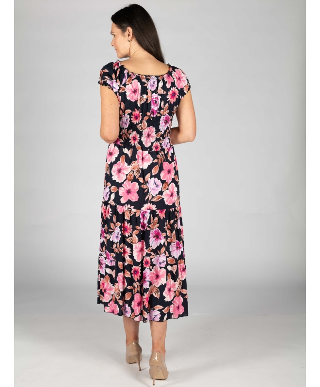 PRINTED GATHERED CAP SLEEVE DRESS