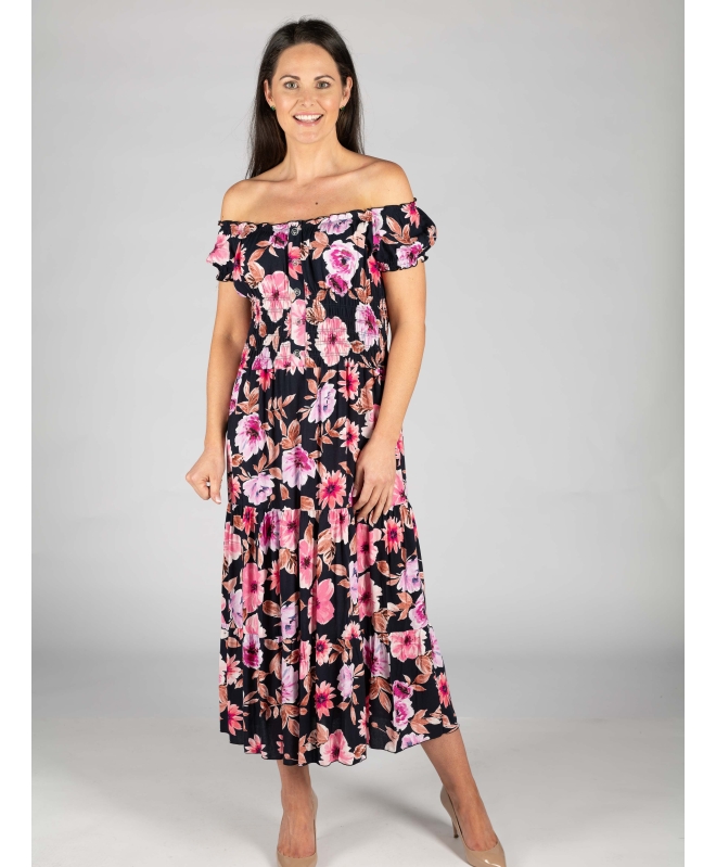 PRINTED GATHERED CAP SLEEVE DRESS