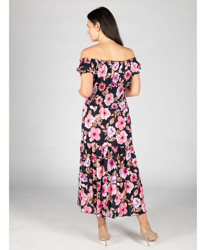 PRINTED GATHERED CAP SLEEVE DRESS