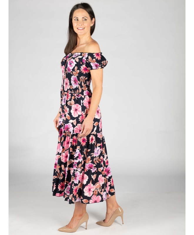 PRINTED GATHERED CAP SLEEVE DRESS