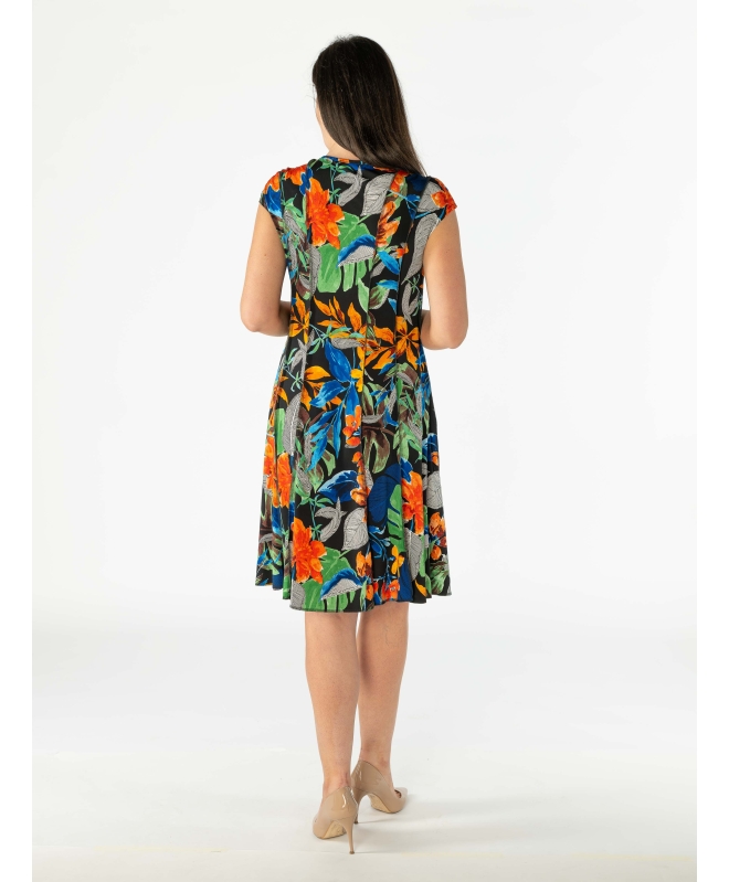 LEAF PRINT PANEL DRESS WITH CAP SLEEVE- D30138