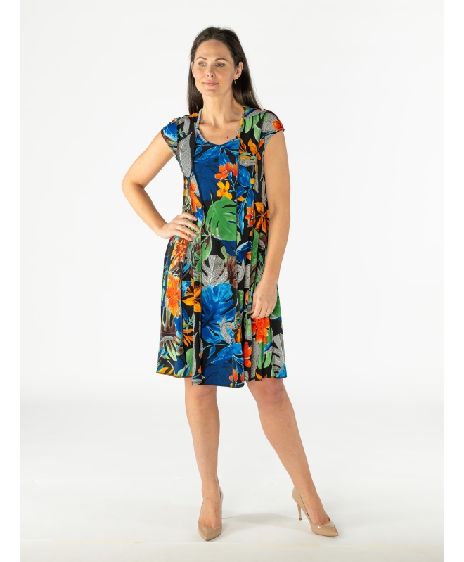 LEAF PRINT PANEL DRESS WITH CAP SLEEVE- D30138