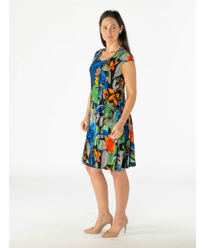 LEAF PRINT PANEL DRESS WITH CAP SLEEVE- D30138