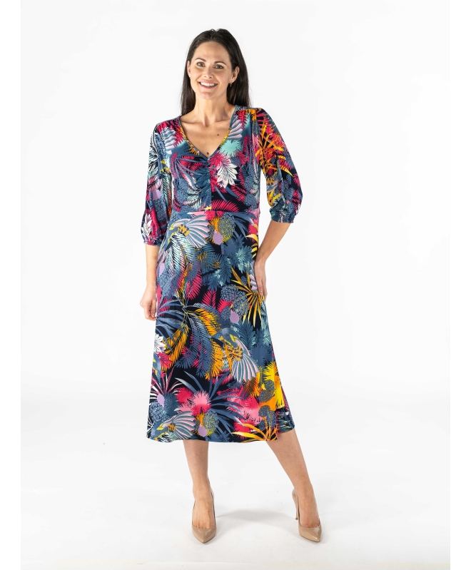 Multi Leaf Print Dress With V Neck- D30141