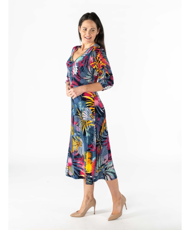 Multi Leaf Print Dress With V Neck- D30141