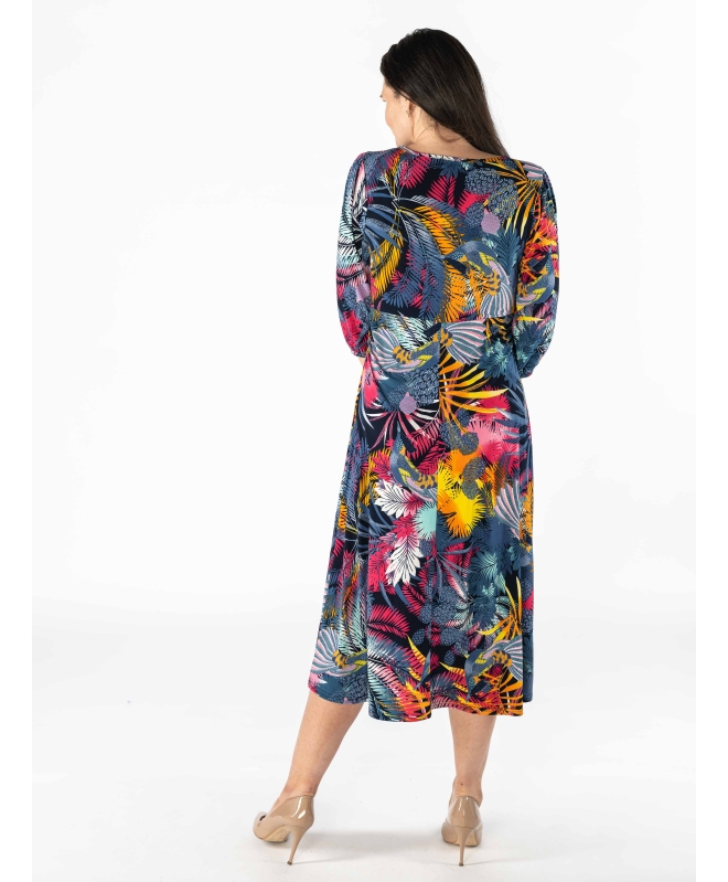 Multi Leaf Print Dress With V Neck- D30141