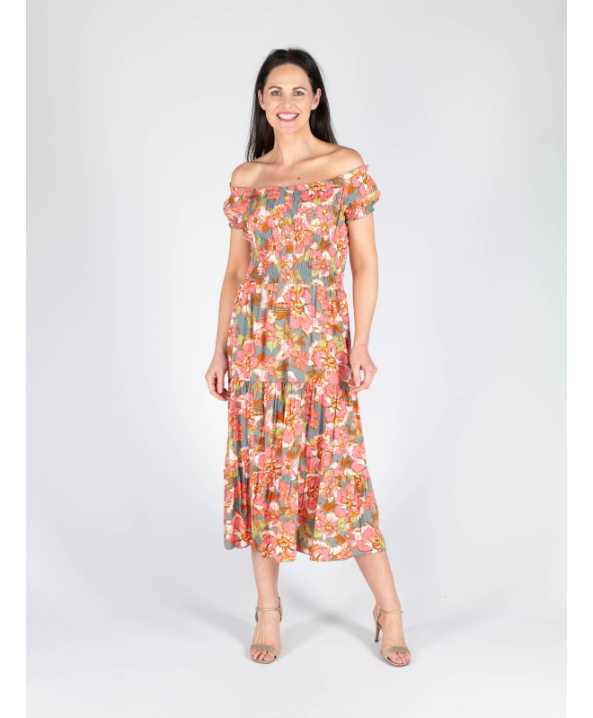 GATHERED NECKLINE PRINTED DRESS CAP SLEEVE