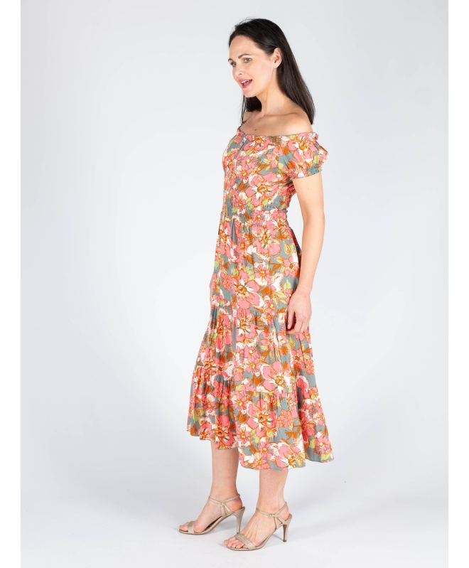 GATHERED NECKLINE PRINTED DRESS CAP SLEEVE